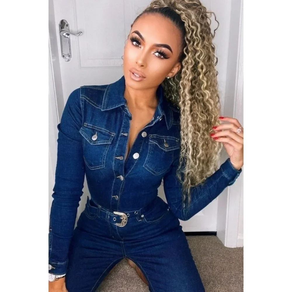 Blue Denim Jeans Long Sleeve Belted Bodycon Jumpsuit Playsuit - Picture 2 of 13